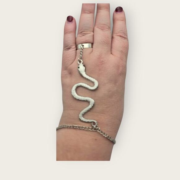 Edgy Silver Snake Ring Bracelet with Adjustable Ring - Picture 2 of 5
